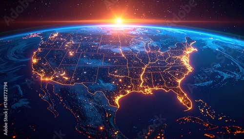 A view of the United States glowing with golden city lights seen from space at sunrise, representing global connectivity, technology, and human impact on the planet