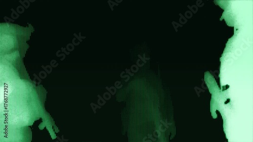 Green-toned LED-style night vision footage showing three military personnel in discussion or coordination, rendered with a pixelated digital screen texture.