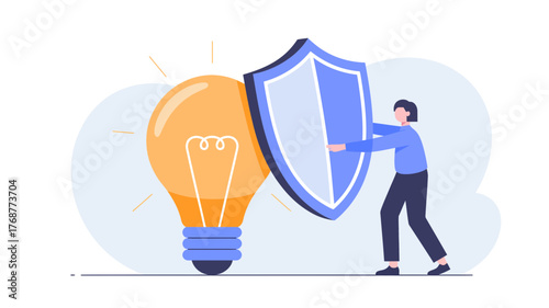 Protecting a bright idea with a shield representing intellectual property security and innovation defense