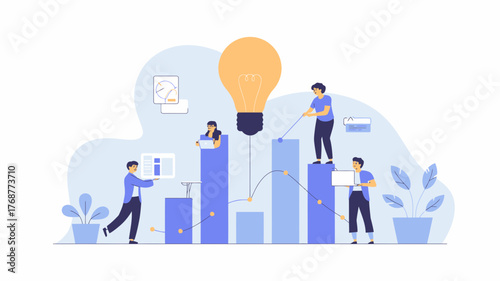 Teamwork and collaboration leading to innovation and business growth with a bright idea lightbulb