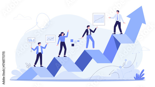 Business team collaborating on a rising arrow graph symbolizing growth and success in a modern flat illustration style