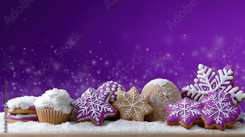 Festive purple snowflake cookies and cupcakes with icing on a sparkling winter background