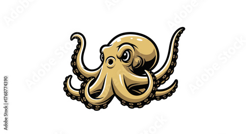 Cartoon Octopus with a Stern Expression and Detailed Tentacles.