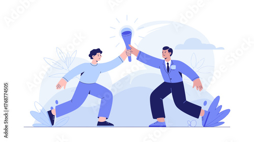Two men in casual and business attire running together holding a torch symbolizing teamwork and achievement