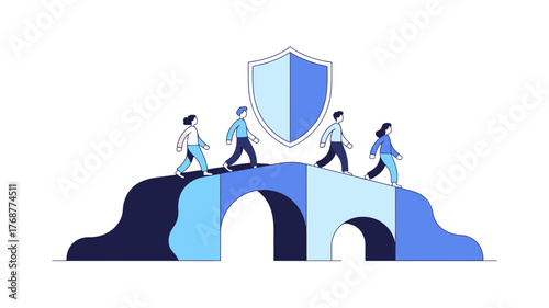 Diverse group of people walking across a protective bridge towards a large shield symbolizing security and safety