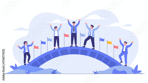 Diverse group of business professionals celebrating success and victory standing on a bridge with flags waving