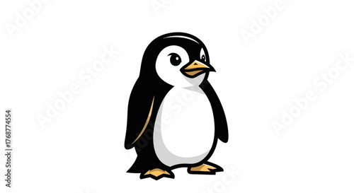 Cartoon Penguin Standing with a Curious Expression on White Background.