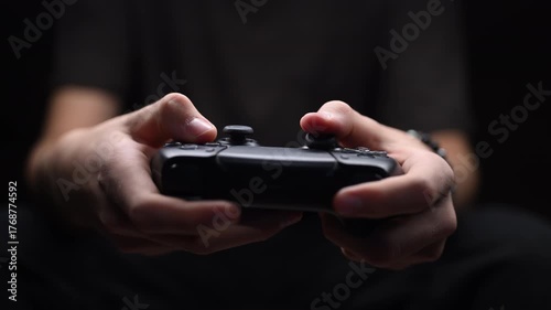 Close-up of hands holding a black game controller, focused on intense gameplay. Low-key lighting, dark background, gaming concept.