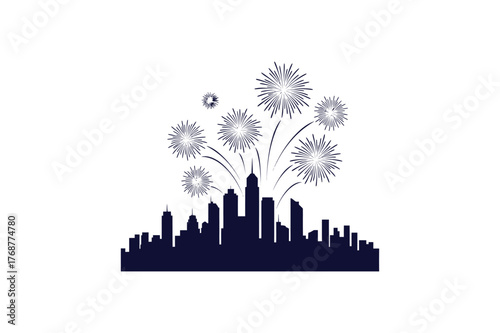Vibrant fireworks illuminating a modern city skyline at night celebratory illustration