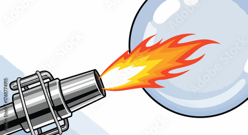 A cartoon blowtorch flame is directed at a fragile, transparent bubble