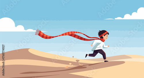 A child in a red scarf runs across desert dunes under a bright blue sky with scattered clouds. This scene evokes feelings of freedom and adventure