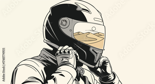 A close-up vector illustration shows a racer wearing a helmet with a desert landscape reflected in the visor