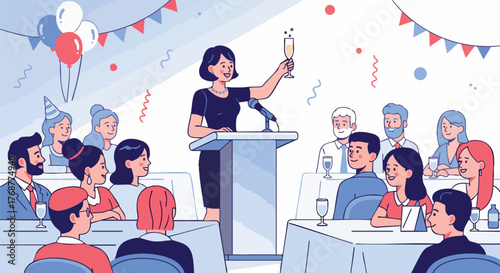A confident woman delivers a celebratory speech at a business event