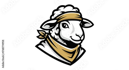 Cartoon Sheep Head with Bandana and Headband Mascot Logo.