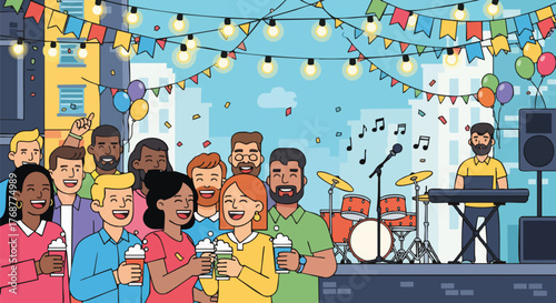 A diverse group of friends laughs and drinks beer at an outdoor music festival