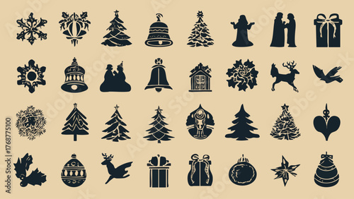 A grid of diverse Christmas and winter holiday silhouette icons