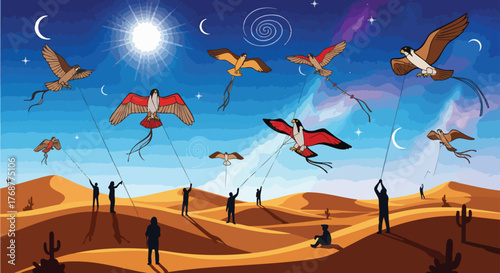 A group of people flying bird-shaped kites in a desert landscape under a dreamy sky with moons and stars