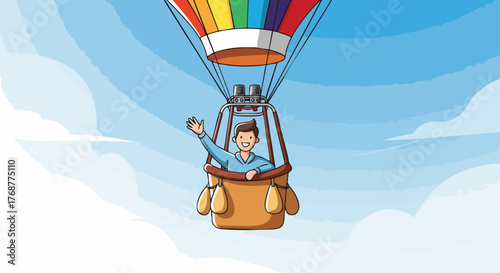 A happy cartoon man waves from a colorful rainbow hot air balloon, flying high in the blue sky