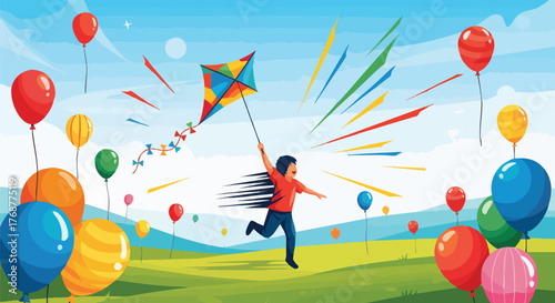 A joyful boy runs through a green field, flying a colorful kite amidst a sky filled with vibrant balloons
