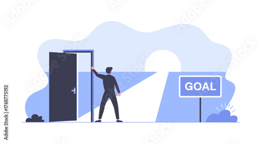 Man opening a door to reveal a bright path leading to a sign that says goal symbolizing opportunity and success