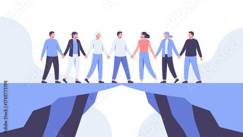 Diverse group of people holding hands across a chasm symbolizing unity and overcoming challenges together