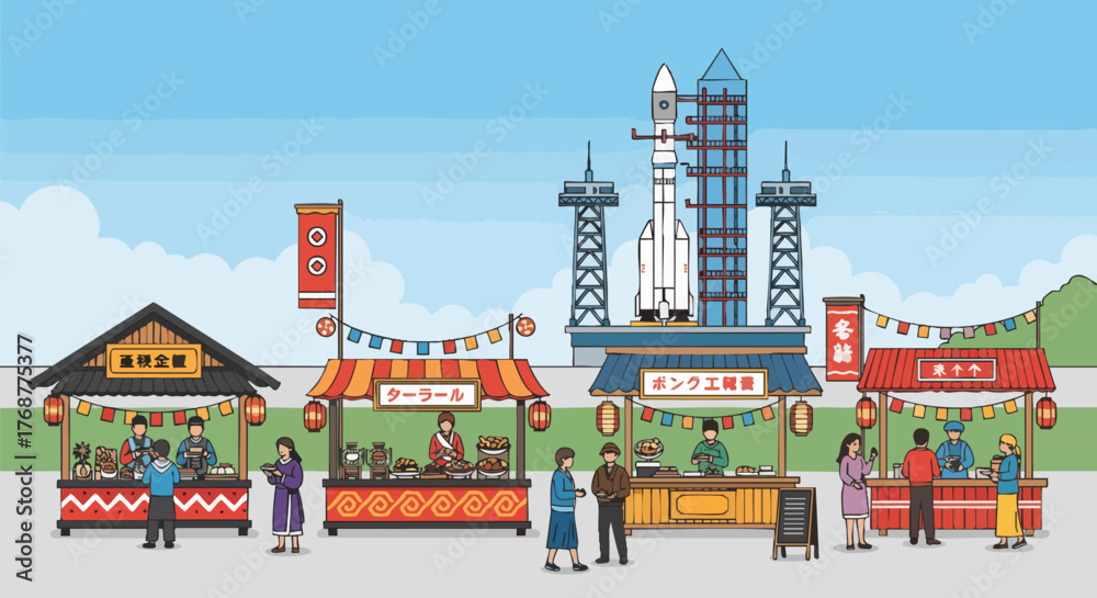 Naklejka premium A vibrant, illustrative scene of a spaceport festival with food stalls and a rocket on the horizon