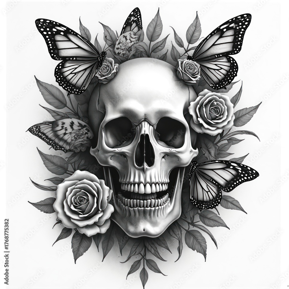 Obraz premium Illustration presents a human skull decorated with roses and butterflies. The art piece has a gothic theme. Design uses monochrome tones. Surreal artwork for tattoo or design.