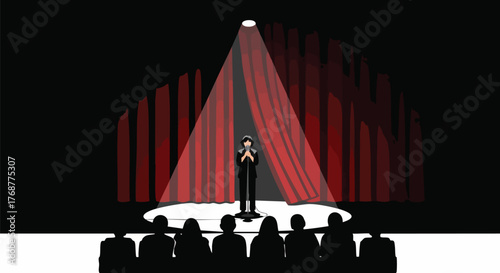 A singer or comedian performs under a spotlight on stage with red curtains, while the audience watches