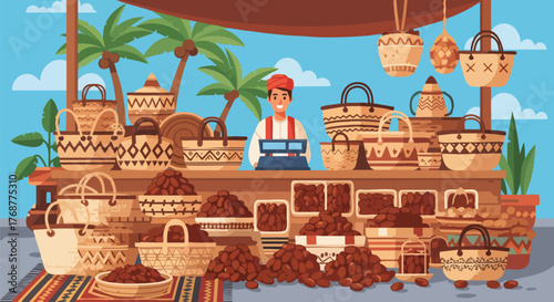 A smiling vendor stands behind a market stall filled with dates and woven baskets. Palm trees and a vibrant sky create a warm, exotic ambiance
