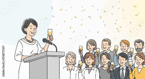 A smiling mature woman gives a toast with champagne at a podium while a diverse group celebrates with raised glasses and falling confetti