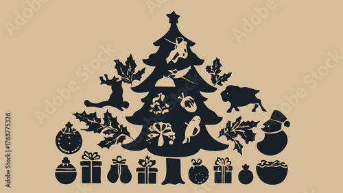 A striking black silhouette of a Christmas tree filled with holiday motifs like reindeer, gifts, and a snowman, on a warm beige background