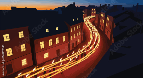 A torchlight procession winds through a dark old town street at dusk