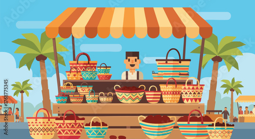 A vibrant flat illustration depicts a lively outdoor market stall selling colorful woven baskets
