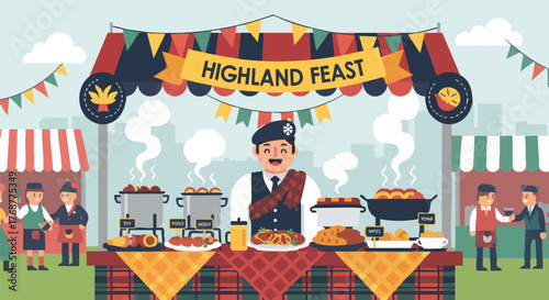 A vibrant illustration of a "Highland Feast" with people enjoying traditional Scottish food at stalls