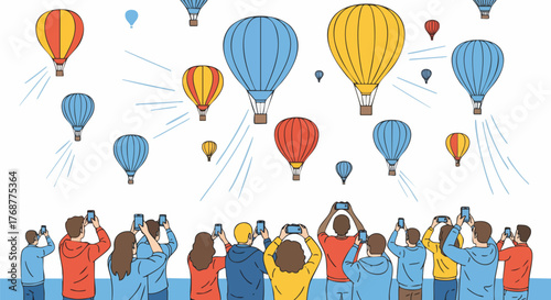 A vibrant illustration shows a crowd of people from behind, holding smartphones to photograph numerous colorful hot air balloons ascending