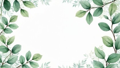 Beautiful watercolor green eucalyptus branches frame white background. Fresh organic botanical illustration. Blank copy space for text. Use for greeting card, wedding invite, eco design, product
