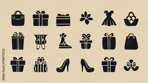 Elegant black silhouette icons featuring gifts, fashion, and shopping items. Includes presents, handbags, dresses, high heels, and shopping bags