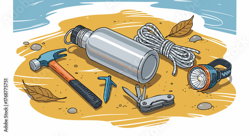 Essential outdoor survival gear vector illustration on sandy ground. A hammer, water bottle, rope, headlamp, and multi-tool are displayed