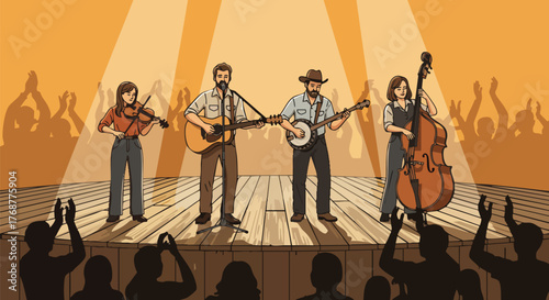 Illustration of a bluegrass band performing on a stage under spotlights. A crowd of silhouettes applauds the musical group