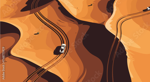 Illustration of a car driving across sand dunes in a desert landscape. Aerial view of an off-road vehicle navigating a sandy environment