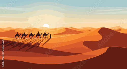Illustration of a desert caravan at sunset. Silhouetted camels are traversing the dunes