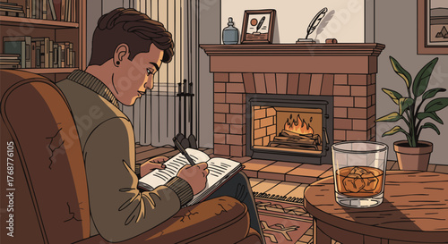 Illustration of a person writing in a journal by the fireplace in a cozy living room