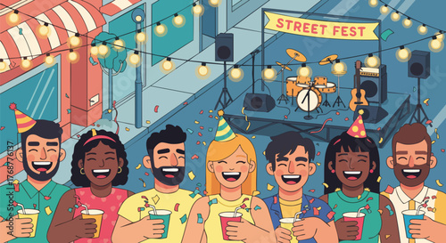 Illustration of a street festival celebration. People are happy and smiling, celebrating with drinks and confetti. Band performing on stage