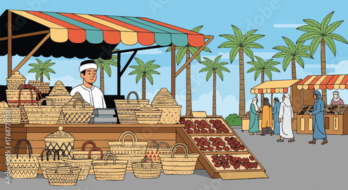 Illustration of a traditional Arab market scene with vendors selling woven baskets and dates. People in traditional clothing are browsing