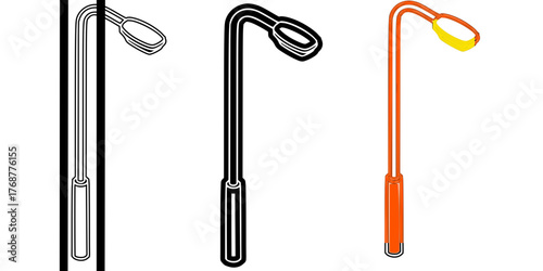 Three stylized illustrations of street lamps are shown. The first lamp on the left is an outline drawing in black and white