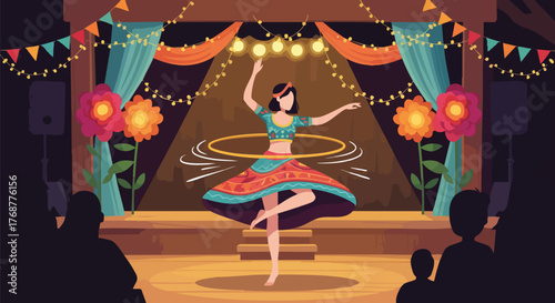 Illustration of a woman dancing with a hula hoop on stage in a colorful and decorative setting. The performance is being watched by an audience