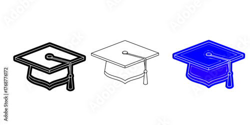 Three stylized graduation cap illustrations are shown side by side. The first cap is rendered in black outline