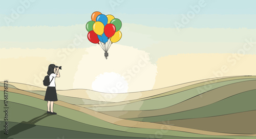 Illustration of a young woman with a camera photographing a bunch of colorful balloons floating over a green landscape