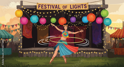Illustration of a woman hula hooping at a vibrant outdoor fair with colorful lanterns