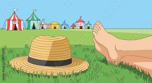Illustration of an art fair scene. A person is relaxing on the green grass, a straw hat resting nearby, with colorful art tents in the background